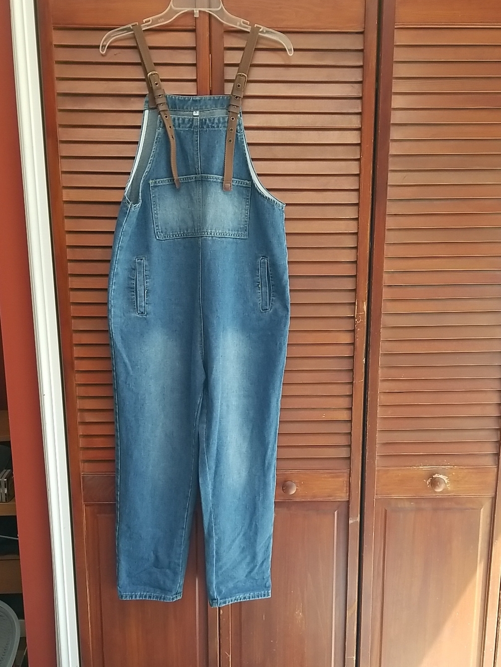 Blue Denim Overalls with Adjustable Brown Straps Size Small